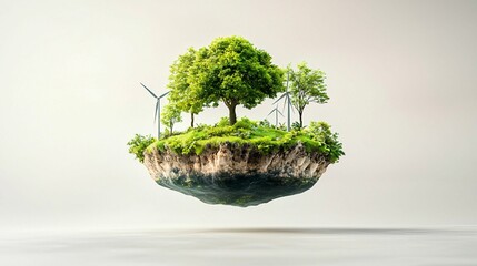 A floating island features lush trees and wind turbines, symbolizing renewable energy and environmental sustainability.