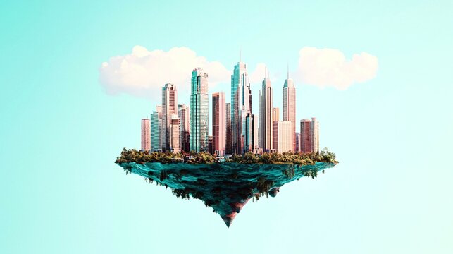 A vibrant, surreal cityscape floating in the sky, surrounded by water, depicting a blend of urban life and nature.