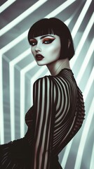 Fashion model, brunette female. focused eyes, chin-length hair, glossy eye shadow, bold red lips. fashion, cosmetic, and make-up portrait shoot. Style. Modern. Elegant.