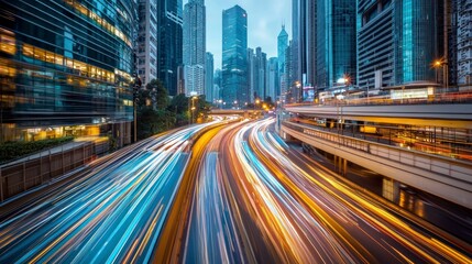 Fototapeta premium Dynamic cityscape at dusk with light trails from moving cars on a busy highway