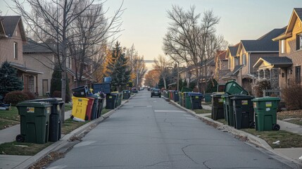 Suburban Street Lined with Garbage Bins and Homes