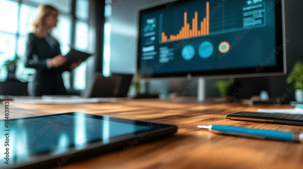 Poster closeup of a wooden desk with a tablet, pen, and a blurry background of a businesswoman and a comput