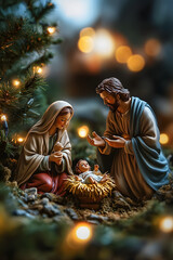 Mary and joseph admiring their son in a christmas nativity scene depicting the birth of jesus © john