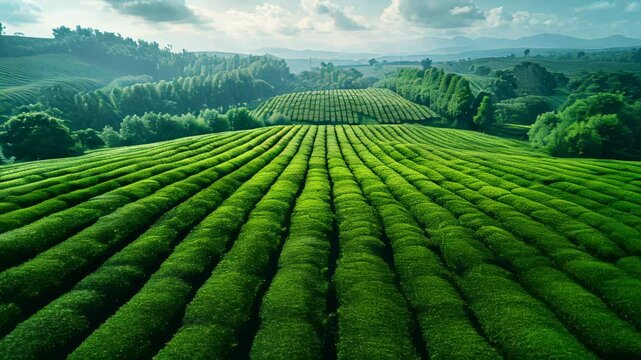 Spring tea plantations, Arial view with copy space. Panorama of a landscape filled with greenery tea plantation and cloudy sky
