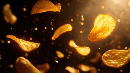 Potato Chips Flying Through the Air Against Dark Background Illuminated by Dramatic Lighting