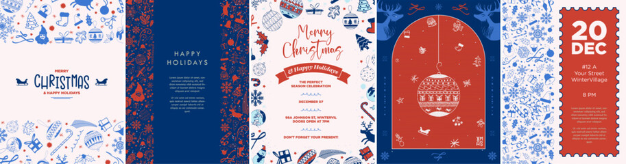 Set of Christmas Season Poster Designs for posters, greeting cards, backgrounds, banners, social media posts, invitations, print outs. Blue, red, cream colored winter holiday templates. Vector.