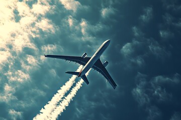 A plane flies high in the sky, leaving a trail of vapor against a backdrop of fluffy clouds and...