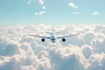 Obraz premium A plane flies above fluffy clouds under a clear blue sky, symbolizing travel and exploration.