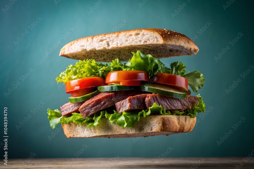 Wall mural a large hamburger with lettuce, tomato, and ham