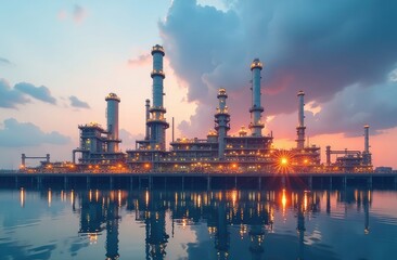 Obraz premium Future Plant and Energy Concept. Oil, Gas and Petrochemical Refinery with Double Exposure Showcasing Next Generation 