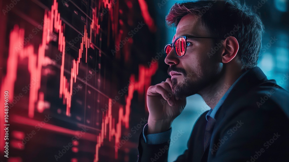 Poster a businessman in a suit and glasses looking at a large screen with financial charts. he looks concer