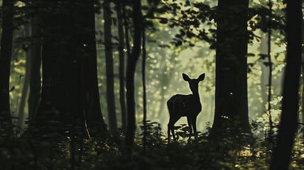 Silhouette of a deer in the forest – standing in the midst …