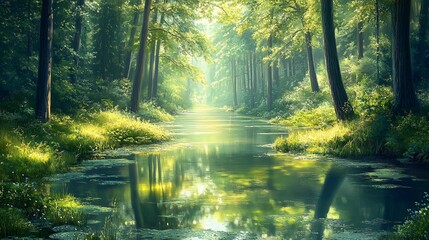 Obraz premium Serene Forest Stream With Sunbeams