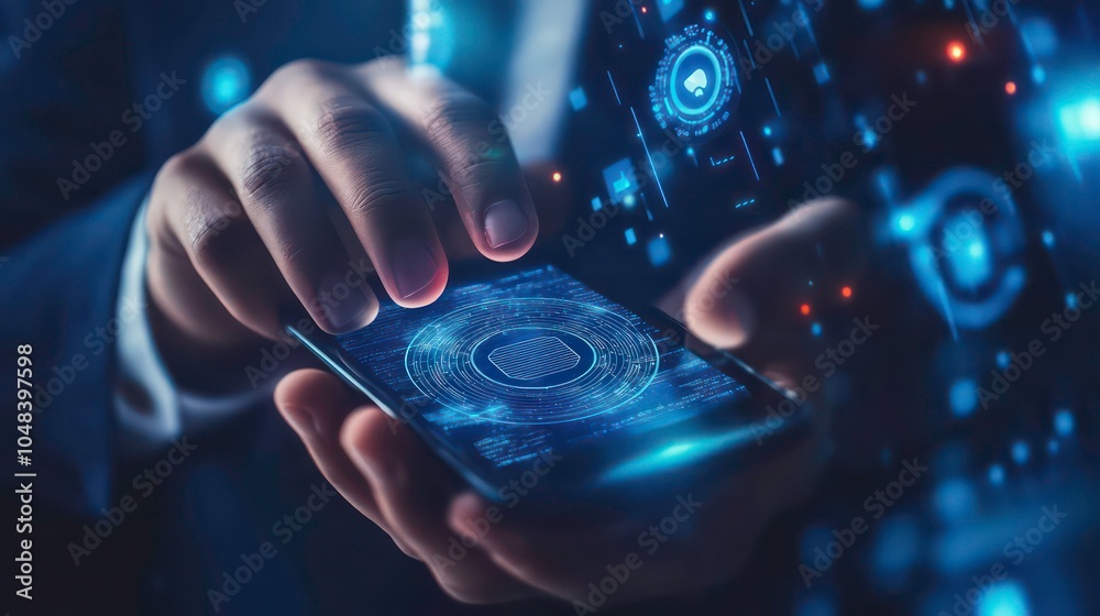 Aufkleber a businessman's hands holding a smartphone with a glowing digital chip on the screen. holographic ic