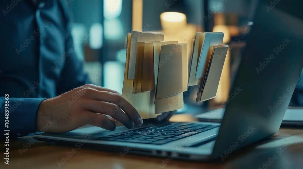 Aufkleber A man's hand is typing on a laptop, and multiple files are floating above the keyboard.