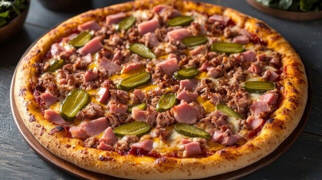 Cuban pizza topped with ham.