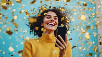 A young woman with curly hair smiles and looks up at falling confetti while holding a smartphone in her hand.
