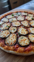 Eggplant Parmesan pizza in closeup.