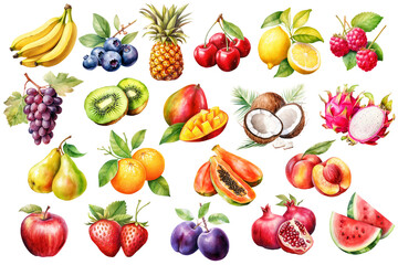 Big set fruits isolated on transparent background, exotic, tropical fruits, berries, summer clipart