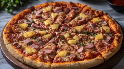 Delicious Hawaiian pizza with ham.