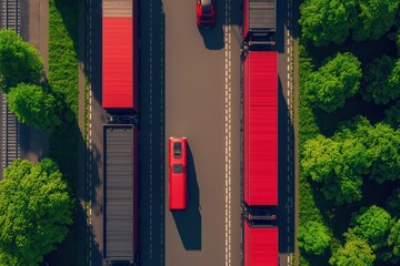 Obraz premium Aerial view of red trucks and vehicles on a highway surrounded by greenery.