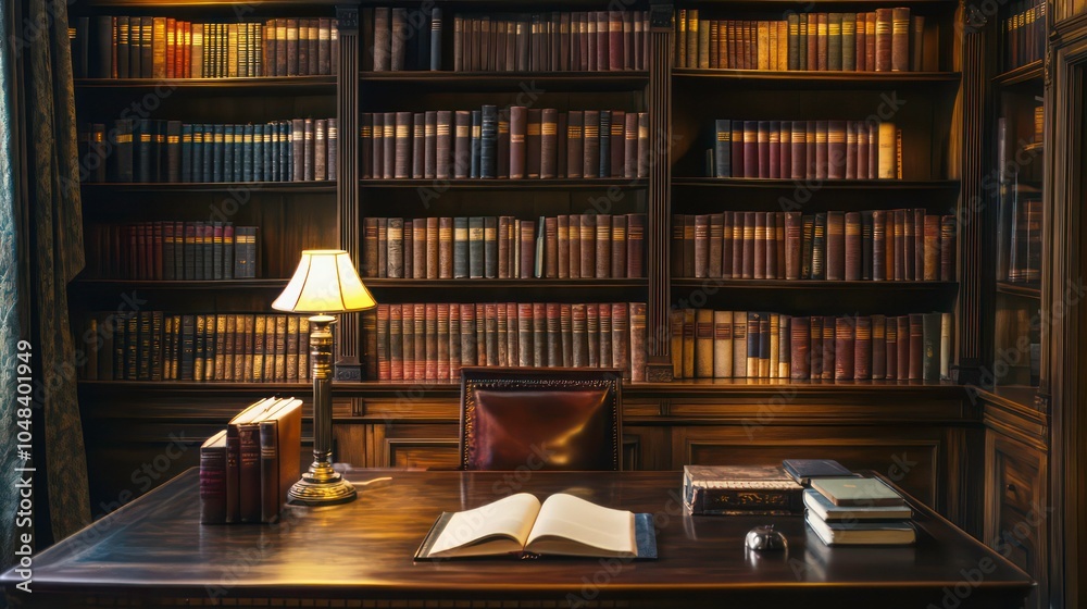 Aufkleber A wooden desk with an open book and a lamp in front of a large bookshelf filled with books.