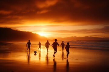 Fototapeta premium Children running on the beach during sunset, playful moment with silhouettes against a vibrant orange sky.