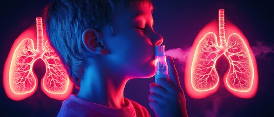 Child using inhaler with glowing lung icons in background, emphasizing respiratory health and wellness.