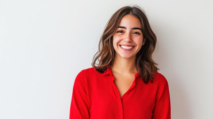 Obraz premium Smiling young woman in red shirt posing against neutral background