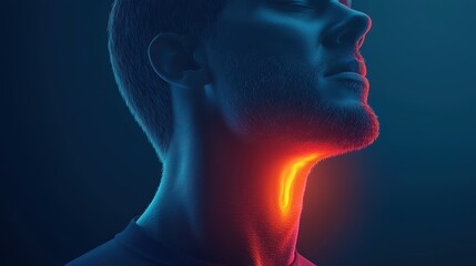 Obraz premium Close-up of a male profile with illuminated throat awareness, moody blue background.