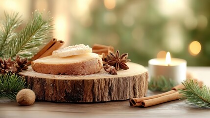 Indulge in a festive spiced cake with a rustic, homemade feel, surrounded by cinnamon sticks, pine branches, and dried fruit, in warm candlelight.