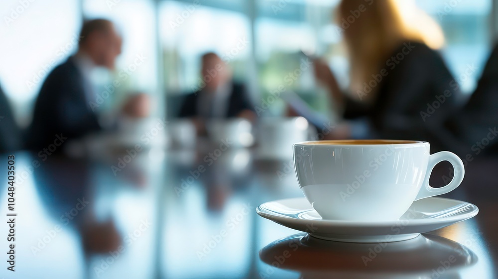Poster a white coffee cup on a table in front of a blurred out meeting.