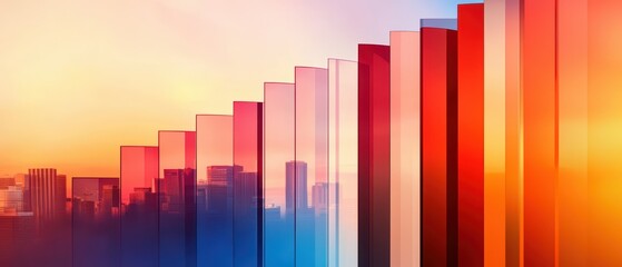 Fototapeta premium Colorful glass structures reflecting a vibrant sunset against a city skyline.