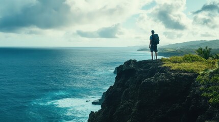 Breathtaking Coastal Landscape with Silhouetted Hiker