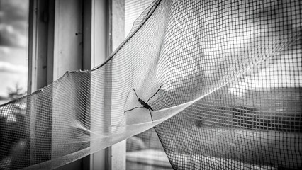 Torn mosquito net for the window in black and white, shot at a tilted angle