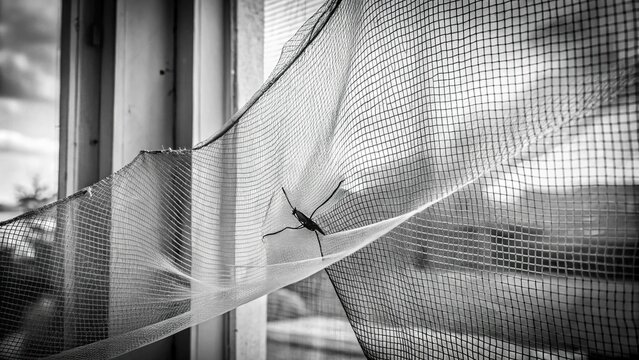 Torn mosquito net for the window in black and white, shot at a tilted angle