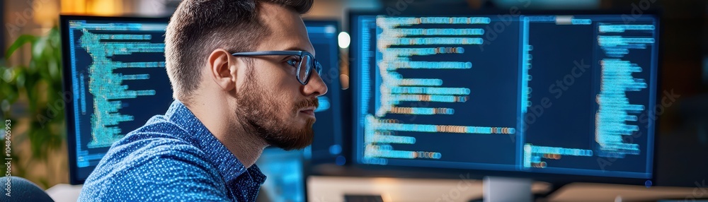 Poster focused programmer working on multiple screens in a modern office environment.