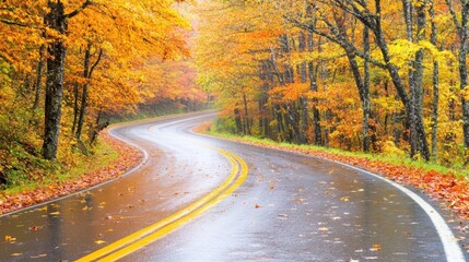 Fototapeta premium Winding road through vibrant autumn forest with colorful leaves. Concept: scenic fall journey.