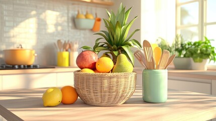 Fresh Fruits and Kitchen Decor in Sunlit Space
