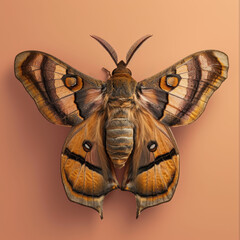 Close-up artistic portrait of a moth with detailed patterns and textures in a professional studio setting against an orange background