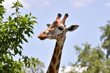 Obraz premium _ . Giraffe Reaching for Leaves Long neck and graceful pose.