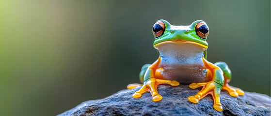 A frog sits on a rock, gaze directed at the camera Background mildly blurred