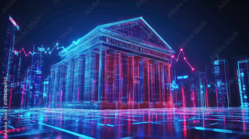 Poster a futuristic digital rendering of a classic bank building with glowing lines and a city skyline in t