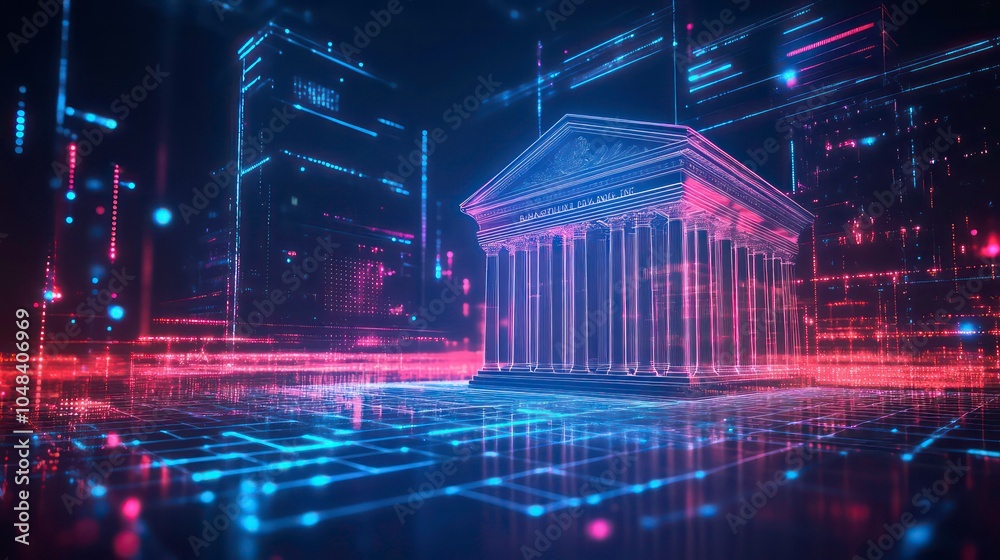 Poster A 3D rendering of a classic bank building rendered in a futuristic neon style with a grid and data streaks.