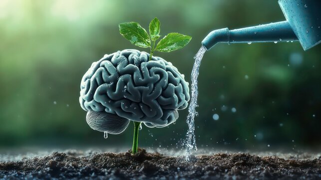 A human brain shaped like a plant sprouting from the ground with a watering can pouring water on it.