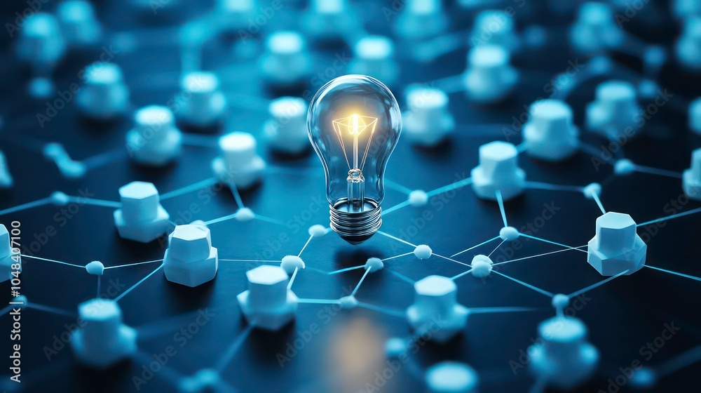 Poster a glowing light bulb stands out among a network of white nodes, symbolizing the power of innovation 