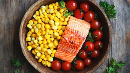 Fresh Salmon with Corn and Cherry Tomatoes in Bowl