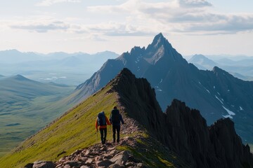 Obraz premium Hikers explore a rugged mountain ridge with vast green valleys and peaks in the background under a clear sky.