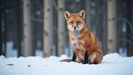 Fototapeta premium Close-up of a red fox sitting in the snow with forest background