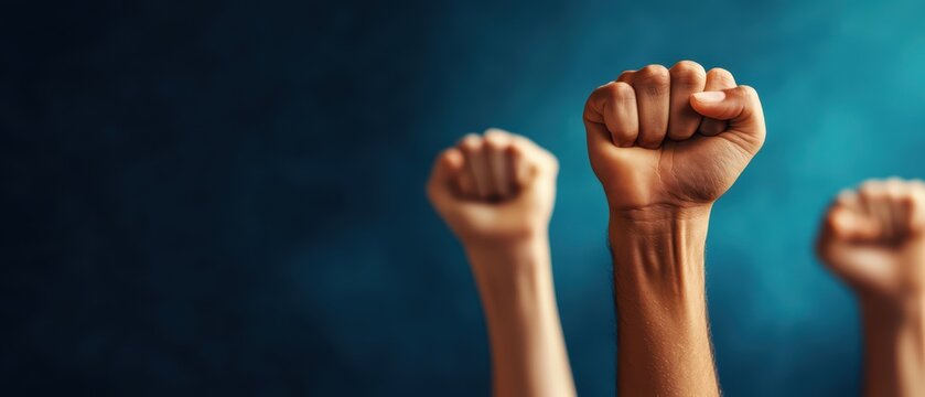 Multiple raised fists against a moody background, symbolizing unity and resistance.
